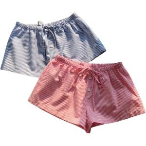 imageMakeMeChic Womens 2 Pack Linen Shorts Summer Beach Pajama Boxer ShortsBlue Pink Striped