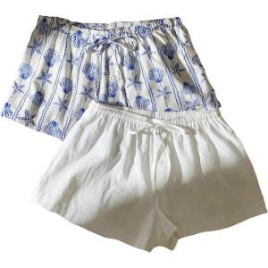 imageMakeMeChic Womens 2 Pack Linen Shorts Summer Beach Pajama Boxer ShortsBlue Printed White
