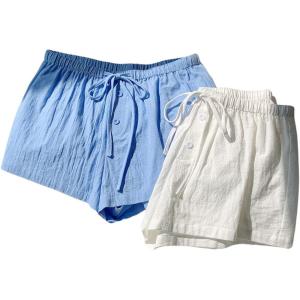 imageMakeMeChic Womens 2 Pack Linen Shorts Summer Beach Pajama Boxer ShortsBlue and White