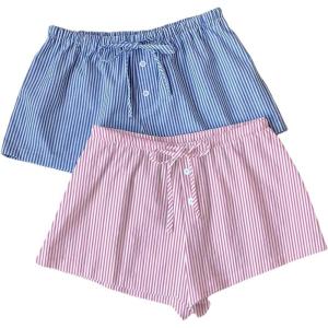 imageMakeMeChic Womens 2 Pack Linen Shorts Summer Beach Pajama Boxer ShortsPink Blue