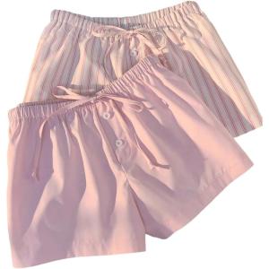 imageMakeMeChic Womens 2 Pack Linen Shorts Summer Beach Pajama Boxer ShortsPink Striped