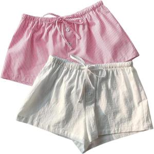 imageMakeMeChic Womens 2 Pack Linen Shorts Summer Beach Pajama Boxer ShortsPink White
