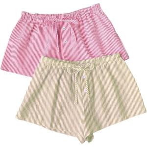 imageMakeMeChic Womens 2 Pack Linen Shorts Summer Beach Pajama Boxer ShortsPink Yellow