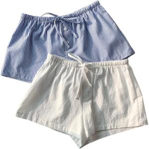 imageMakeMeChic Womens 2 Pack Linen Shorts Summer Beach Pajama Boxer ShortsPlus Blue White
