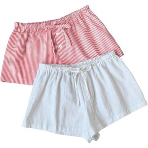 imageMakeMeChic Womens 2 Pack Linen Shorts Summer Beach Pajama Boxer ShortsWhite Pink