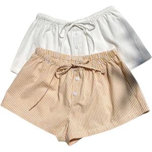 imageMakeMeChic Womens 2 Pack Linen Shorts Summer Beach Pajama Boxer ShortsYellow White