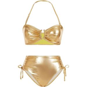 imageMakeMeChic Womens 2 Piece Bikini Sets Metallic High Waisted Ruched Halter Tie Side Swim Bathing SuitGold