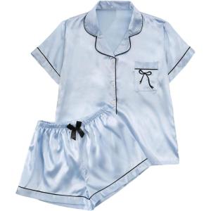 imageMakeMeChic Womens 2 Piece Pajama Set Graphic Short Sleeve Button Down Shirt and Shorts Set SleepwearBlue