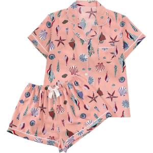 imageMakeMeChic Womens 2 Piece Pajama Set Graphic Short Sleeve Button Down Shirt and Shorts Set SleepwearCoral Pink