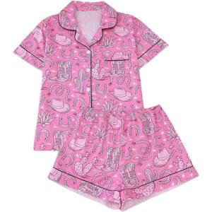 imageMakeMeChic Womens 2 Piece Pajama Set Graphic Short Sleeve Button Down Shirt and Shorts Set SleepwearHot Pink