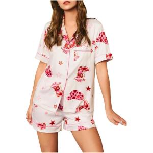 imageMakeMeChic Womens 2 Piece Pajama Set Graphic Short Sleeve Button Down Shirt and Shorts Set SleepwearMulticolor C