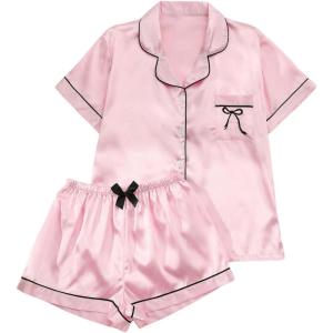 imageMakeMeChic Womens 2 Piece Pajama Set Graphic Short Sleeve Button Down Shirt and Shorts Set SleepwearPink