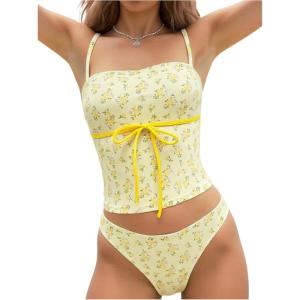 imageMakeMeChic Womens 2 Piece Tankini Set Floral Tie Front High Waisted Tummy Control Beach SwimsuitYellow