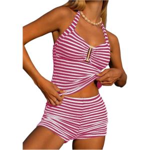 imageMakeMeChic Womens 2 Piece Tankini Swimsuit Striped Halter Tummy Control High Waisted SwimsuitPink