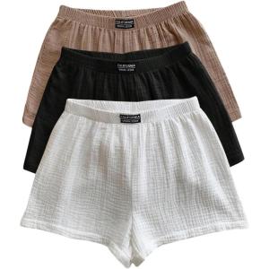 imageMakeMeChic Womens 3 Pack Linen Shorts Summer Comfy Sleep Pajama Boxer ShortsPlus Black White Khaki