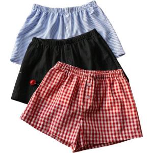 imageMakeMeChic Womens 3 Pack Linen Shorts Summer Comfy Sleep Pajama Boxer ShortsRed Black Blue