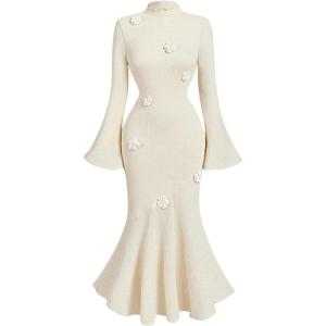 imageMakeMeChic Womens 3D Floral Bell Sleeve Mock Neck Midi Dress Ruffle Hem Bodycon Wedding Guest DressesApricot