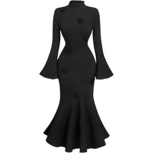 imageMakeMeChic Womens 3D Floral Bell Sleeve Mock Neck Midi Dress Ruffle Hem Bodycon Wedding Guest DressesBlack