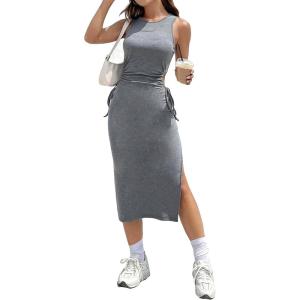imageMakeMeChic Womens Casual Sleeveless Round Neck Cut Out Drawstring Split Hem Midi Bodycon DressGrey