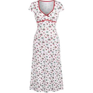 imageMakeMeChic Womens Cherry Print Midi Dress Cap Sleeve V Neck Contrast Binding DressesWhite and Red