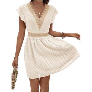 imageMakeMeChic Womens Contrast Lace Short Dress Ruffle Cap Sleeve V Neck Summer Boho A Line DressesApricot