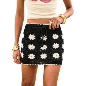 imageMakeMeChic Womens Crochet Skirts Tie Front Summer Beach Cover Up Floral Mini SkirtBlack and White