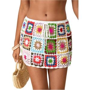 imageMakeMeChic Womens Crochet Skirts Tie Front Summer Beach Cover Up Floral Mini SkirtMulticolor