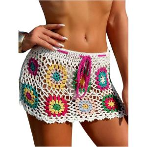 imageMakeMeChic Womens Crochet Skirts Tie Front Summer Beach Cover Up Floral Mini SkirtMulticolor B