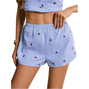 imageMakeMeChic Womens Elastic Waist Shorts Straight Leg Eyelet Embroidery Summer Casual ShortsBlue and White