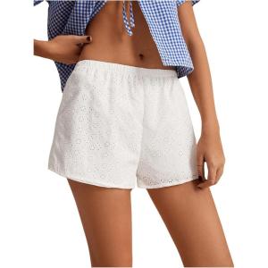 imageMakeMeChic Womens Elastic Waist Shorts Straight Leg Eyelet Embroidery Summer Casual ShortsWhite