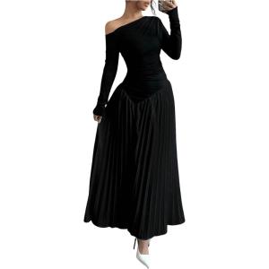 imageMakeMeChic Womens Elegant One Shoulder Ruched Maxi Dress Pleated Ruffle Hem Fit and Flare DressesBlack