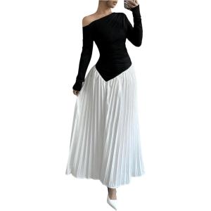imageMakeMeChic Womens Elegant One Shoulder Ruched Maxi Dress Pleated Ruffle Hem Fit and Flare DressesBlack and White