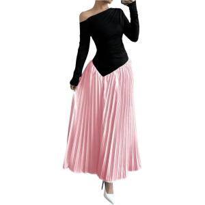 imageMakeMeChic Womens Elegant One Shoulder Ruched Maxi Dress Pleated Ruffle Hem Fit and Flare DressesPink