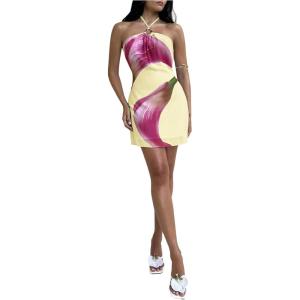 imageMakeMeChic Womens Floral Halter Backless Dress Ring Sleeveless Summer Mini DressesYellow
