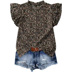 imageMakeMeChic Womens Floral Notched Blouse Puff Sleeve Ruffle Hem Summer Shirt TopsBlack