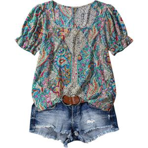 imageMakeMeChic Womens Floral Notched Blouse Puff Sleeve Ruffle Hem Summer Shirt TopsBlue Multicolor
