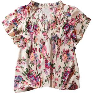 imageMakeMeChic Womens Floral Notched Blouse Puff Sleeve Ruffle Hem Summer Shirt TopsPink