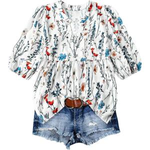 imageMakeMeChic Womens Floral Notched Blouse Puff Sleeve Ruffle Hem Summer Shirt TopsWhite