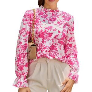 imageMakeMeChic Womens Floral Print Long Sleeve Ruffle High Neck Blouse Shirt TopHot Pink 1