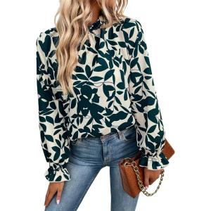 imageMakeMeChic Womens Floral Print Long Sleeve Ruffle High Neck Blouse Shirt TopLeaf Green