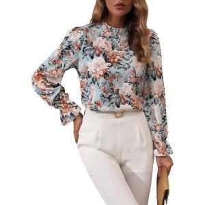 imageMakeMeChic Womens Floral Print Long Sleeve Ruffle High Neck Blouse Shirt TopLight Floral