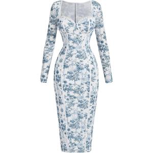 imageMakeMeChic Womens Floral Print Sweetheart Neck Pencil Dress Long Sleeve Bodycon Midi DressesBlue and White
