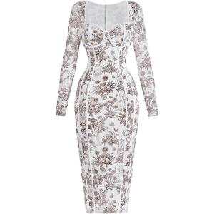 imageMakeMeChic Womens Floral Print Sweetheart Neck Pencil Dress Long Sleeve Bodycon Midi DressesCoffee Brown