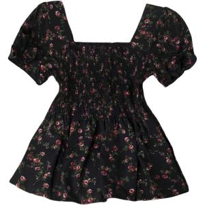 imageMakeMeChic Womens Floral Puff Sleeve Square Neck Blouse Ruffle Hem Shirred Blouses TopBlack