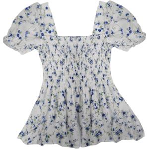 imageMakeMeChic Womens Floral Puff Sleeve Square Neck Blouse Ruffle Hem Shirred Blouses TopBlue