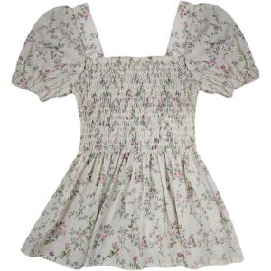 imageMakeMeChic Womens Floral Puff Sleeve Square Neck Blouse Ruffle Hem Shirred Blouses TopPink