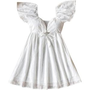 imageMakeMeChic Womens Flutter Sleeve Sweetheart Neck Shirred A Line Ruffle Summer Mini DressWhite