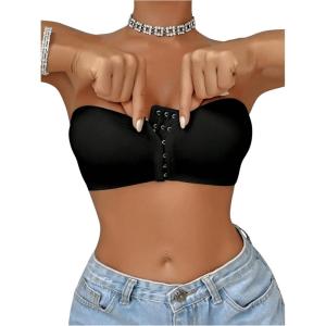 imageMakeMeChic Womens Front Closure Strapless Wireless Bralette Bandeau Bra Push Up BrasBlack