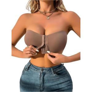 imageMakeMeChic Womens Front Closure Strapless Wireless Bralette Bandeau Bra Push Up BrasMocha Brown