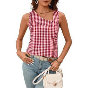 imageMakeMeChic Womens Gingham Plaid Print Asymmetrical V Neck Button Sleeveless Tank Tops ShirtsRed and White